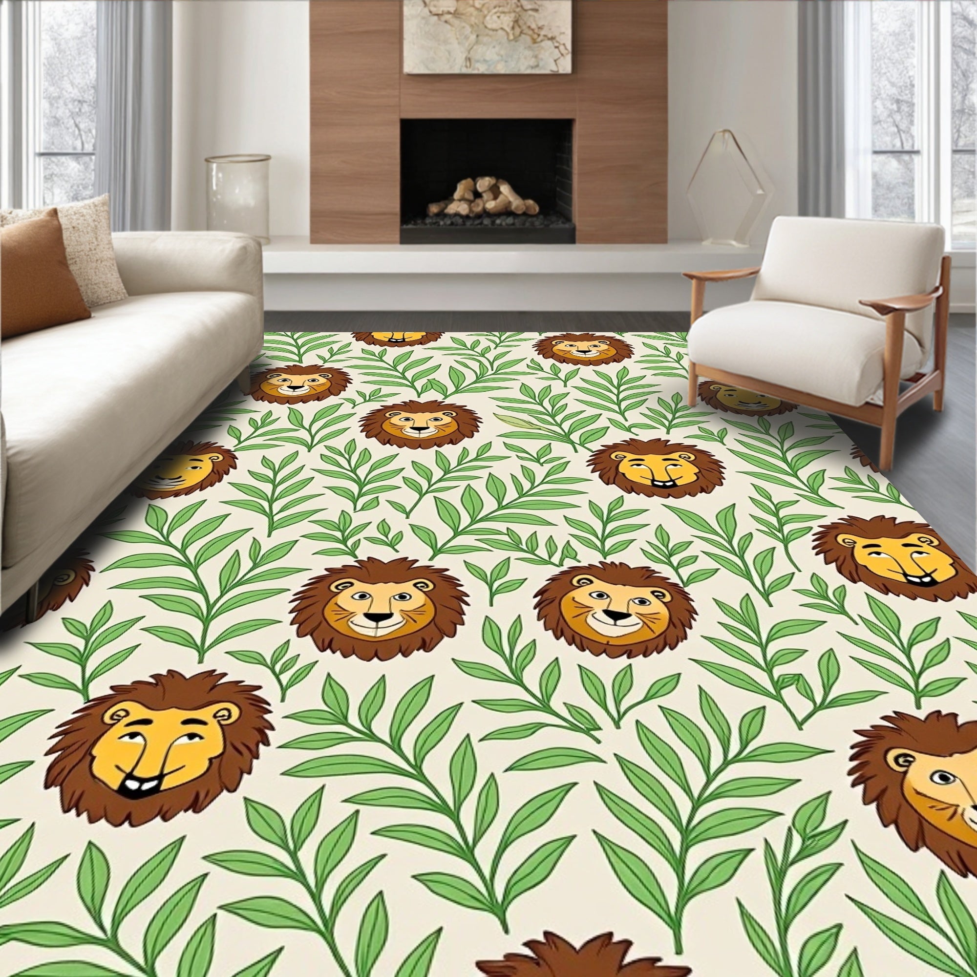 Whimsical Lion Cubs Among Green Leaves Rug