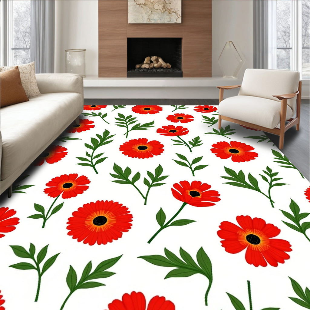 Vibrant Red Flower Garden Swirls Rug