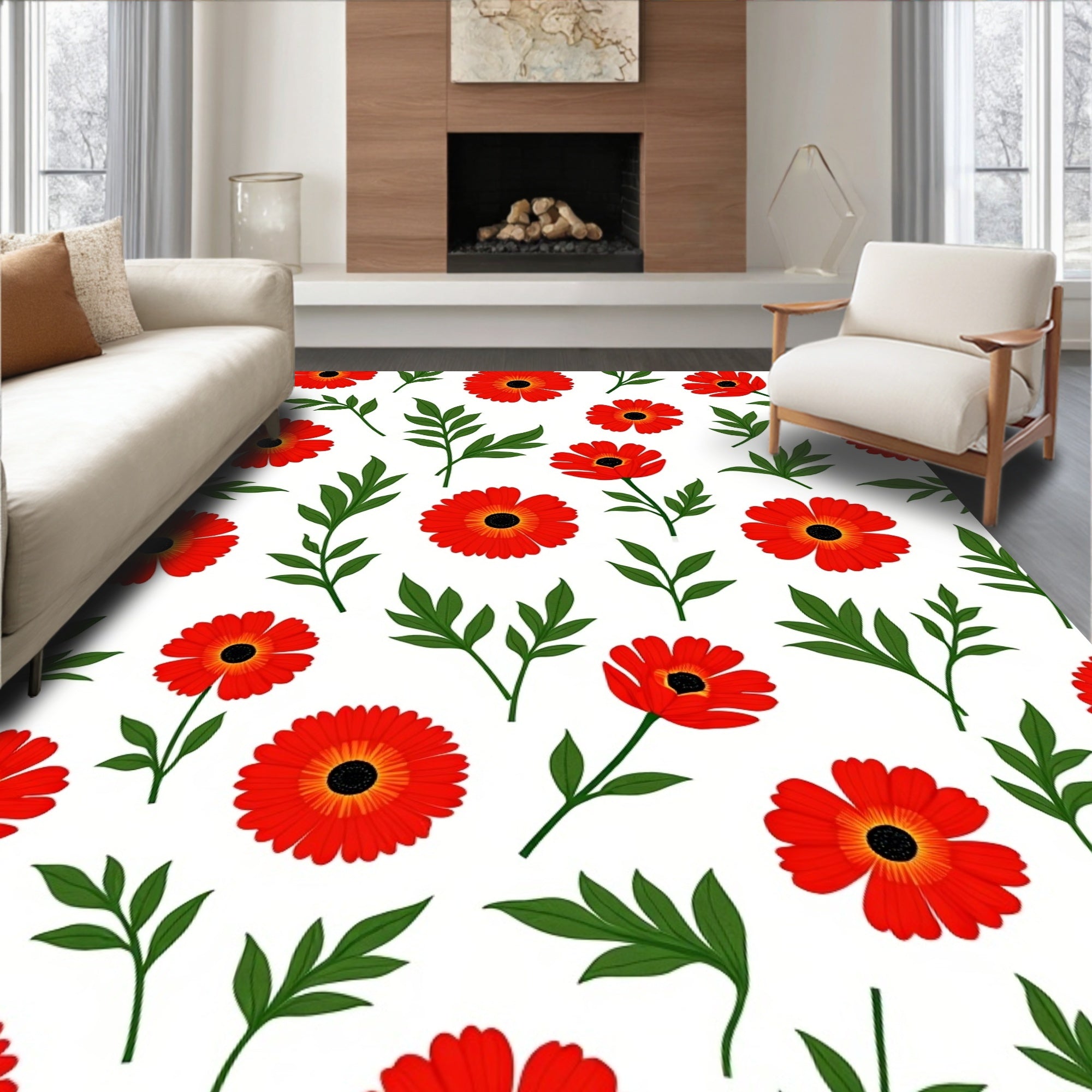 Vibrant Red Flower Garden Swirls Rug