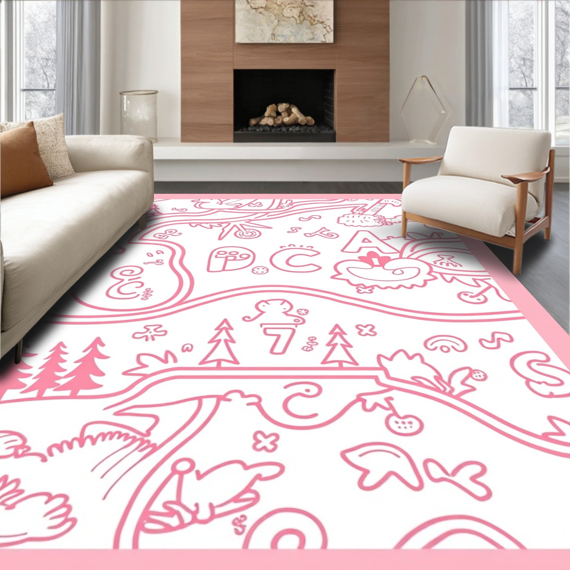 Whimsical Pink Cartoon Landscape Alphabet Rug