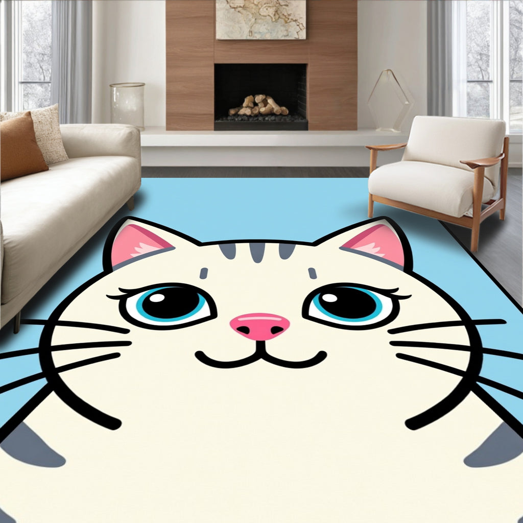Cute White Cat Blue Eyes Rug