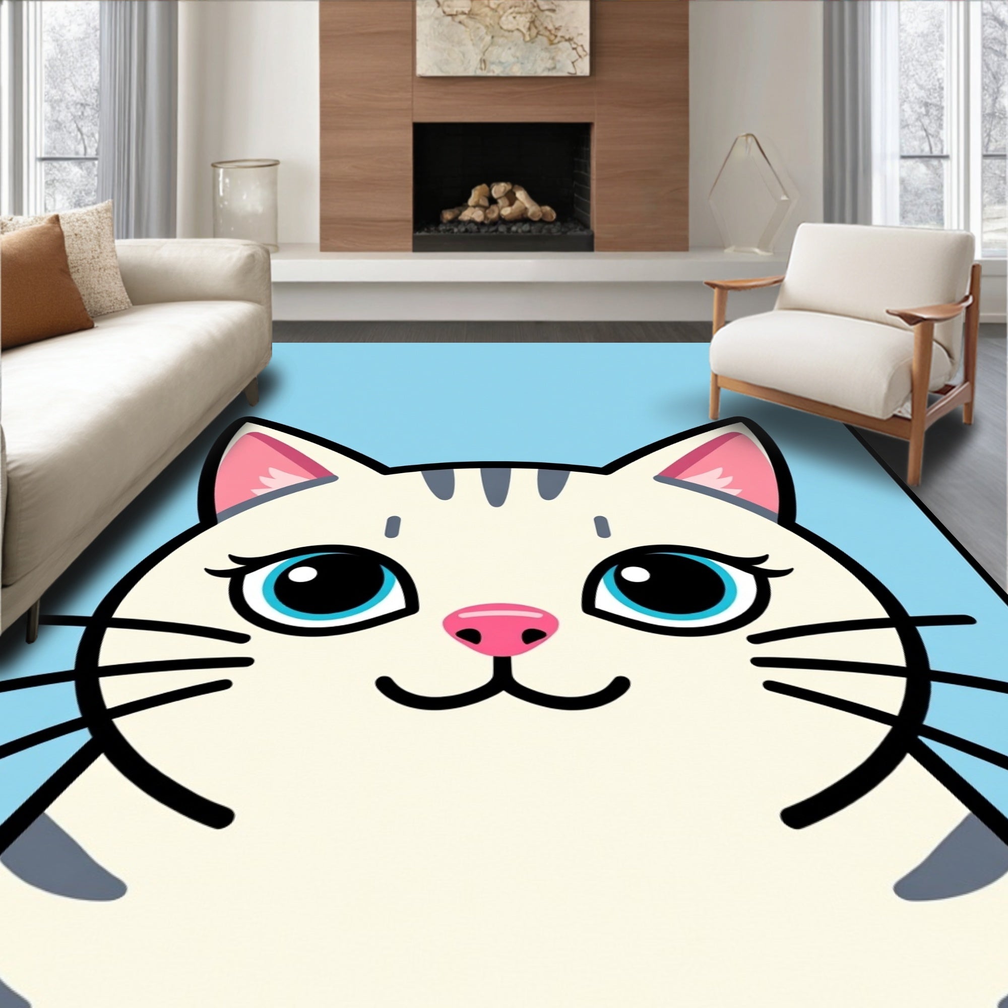 Cute White Cat Blue Eyes Rug
