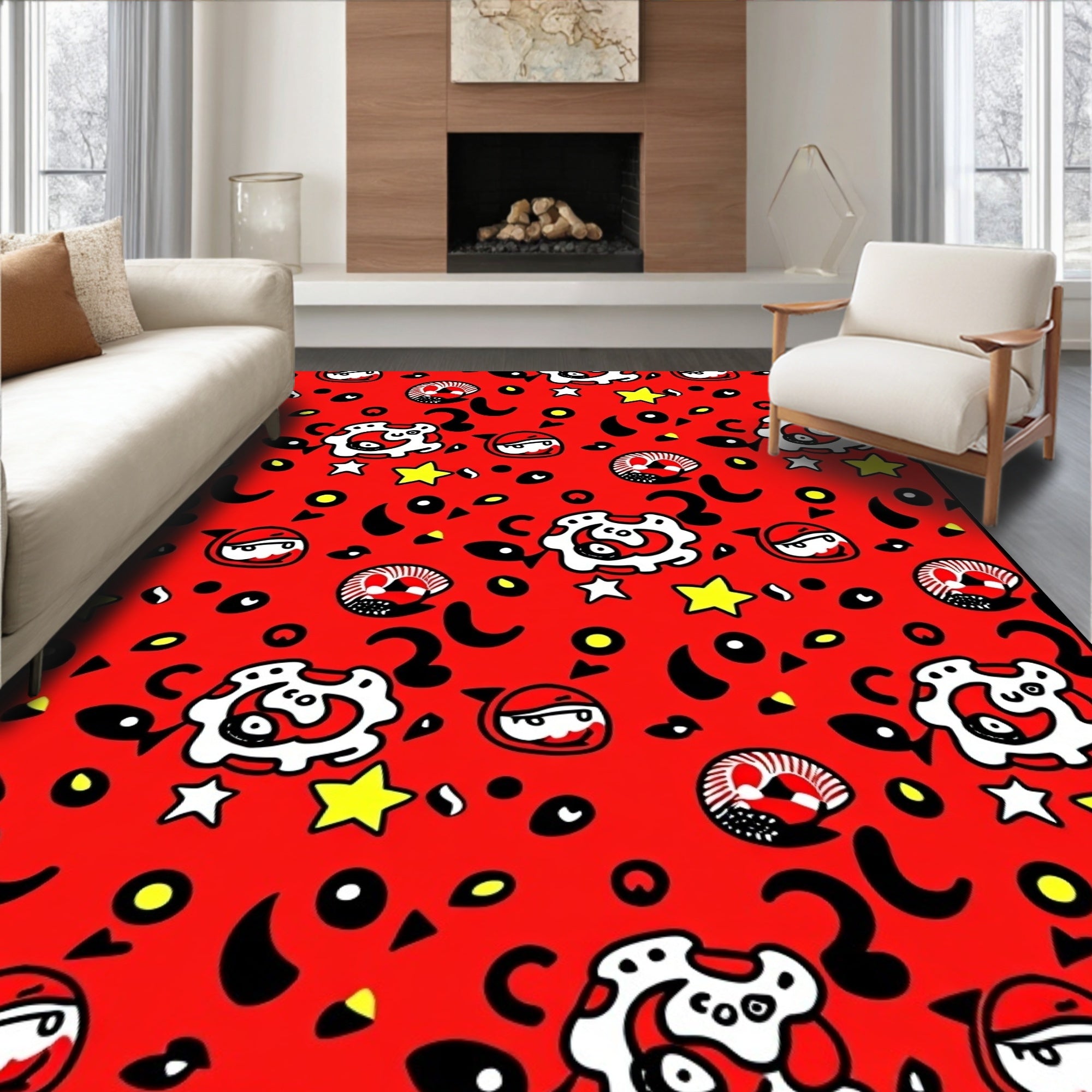 Red Whimsical Character Star Collage Rug
