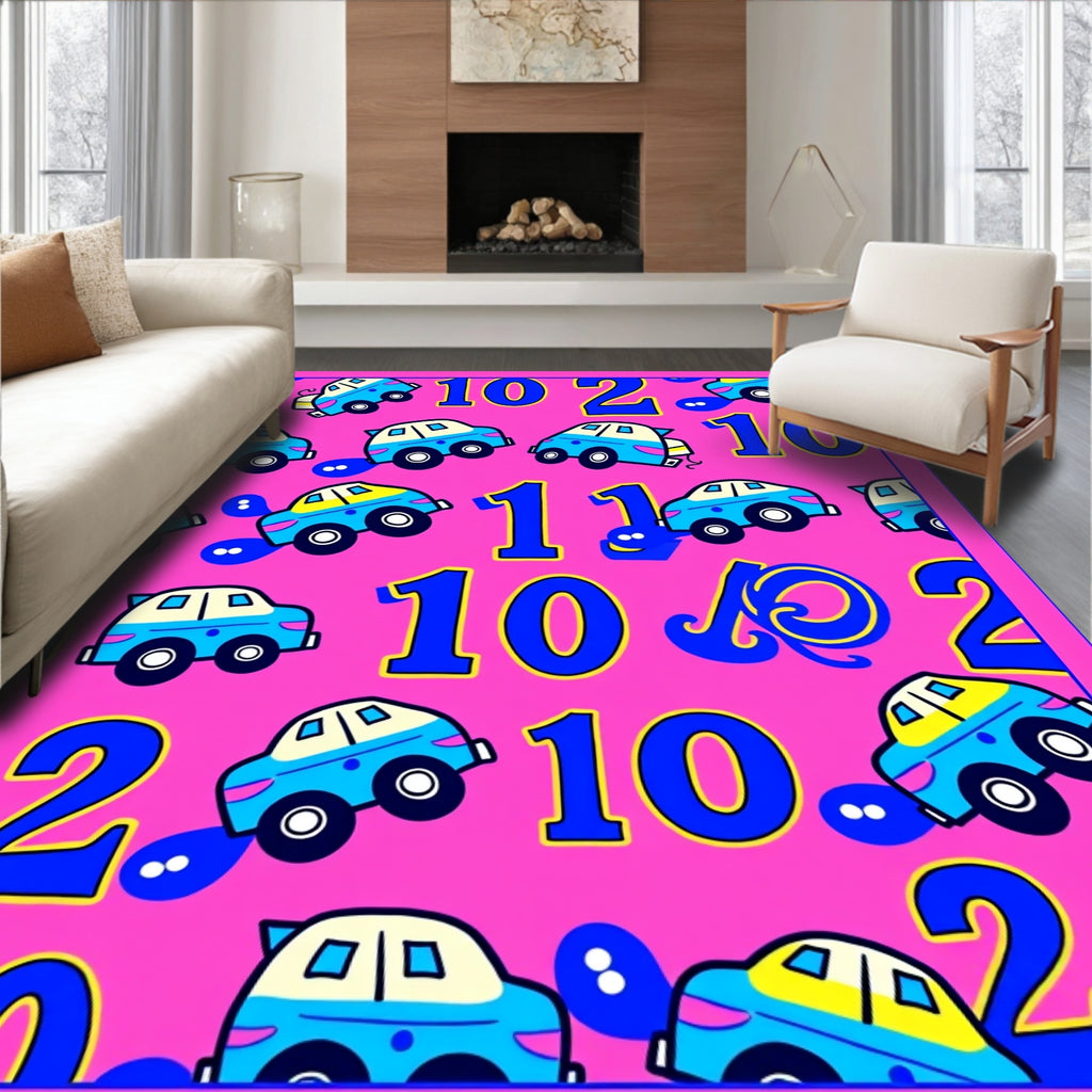 Cute Blue Cars With Numbers Rug
