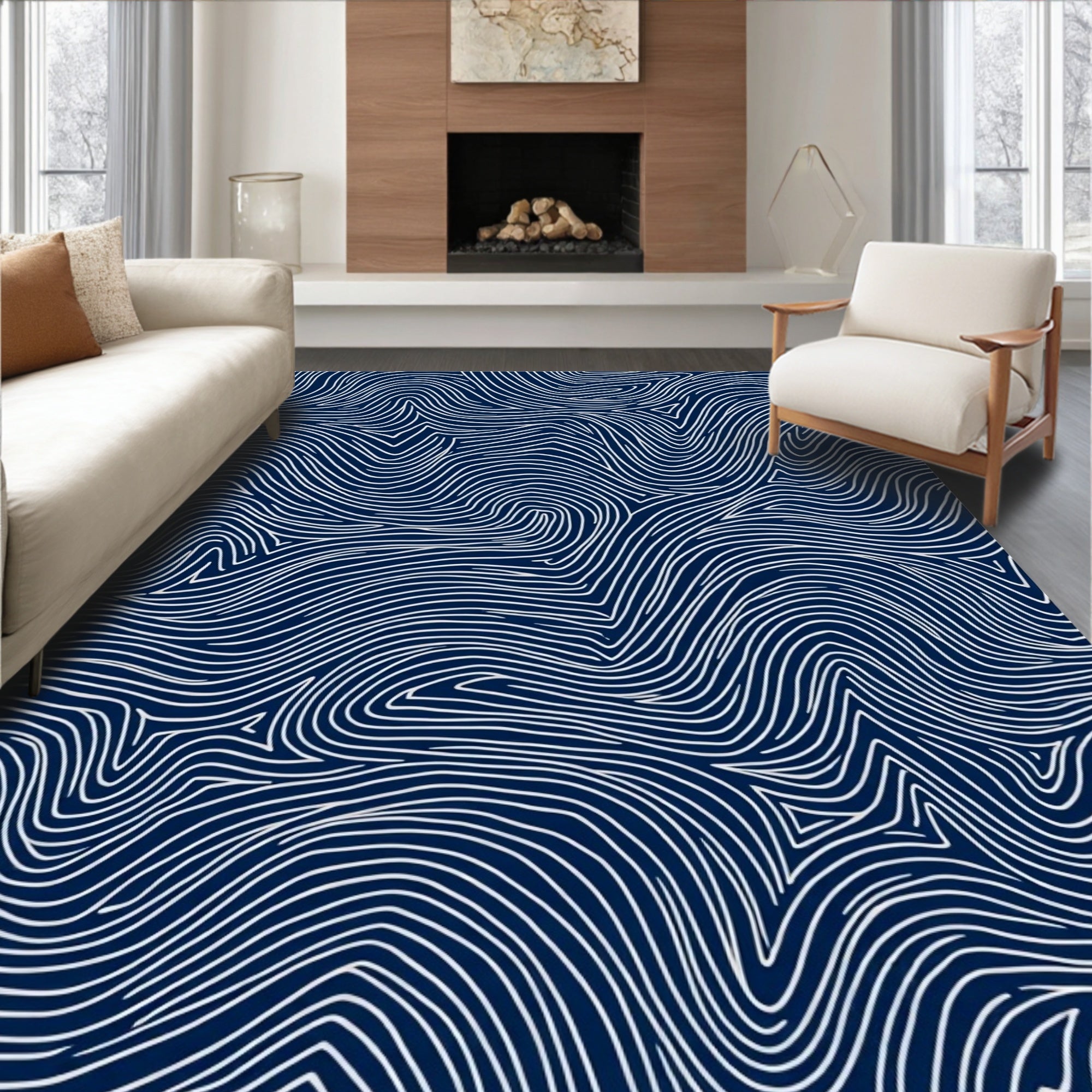 Navy White Curving Lines Rug