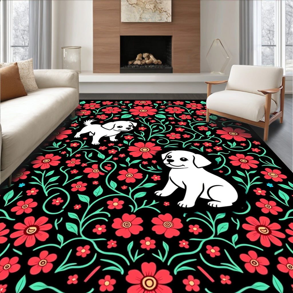 Whimsical White Puppies Red Floral Garden Rug
