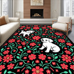 Whimsical White Puppies Red Floral Garden Rug