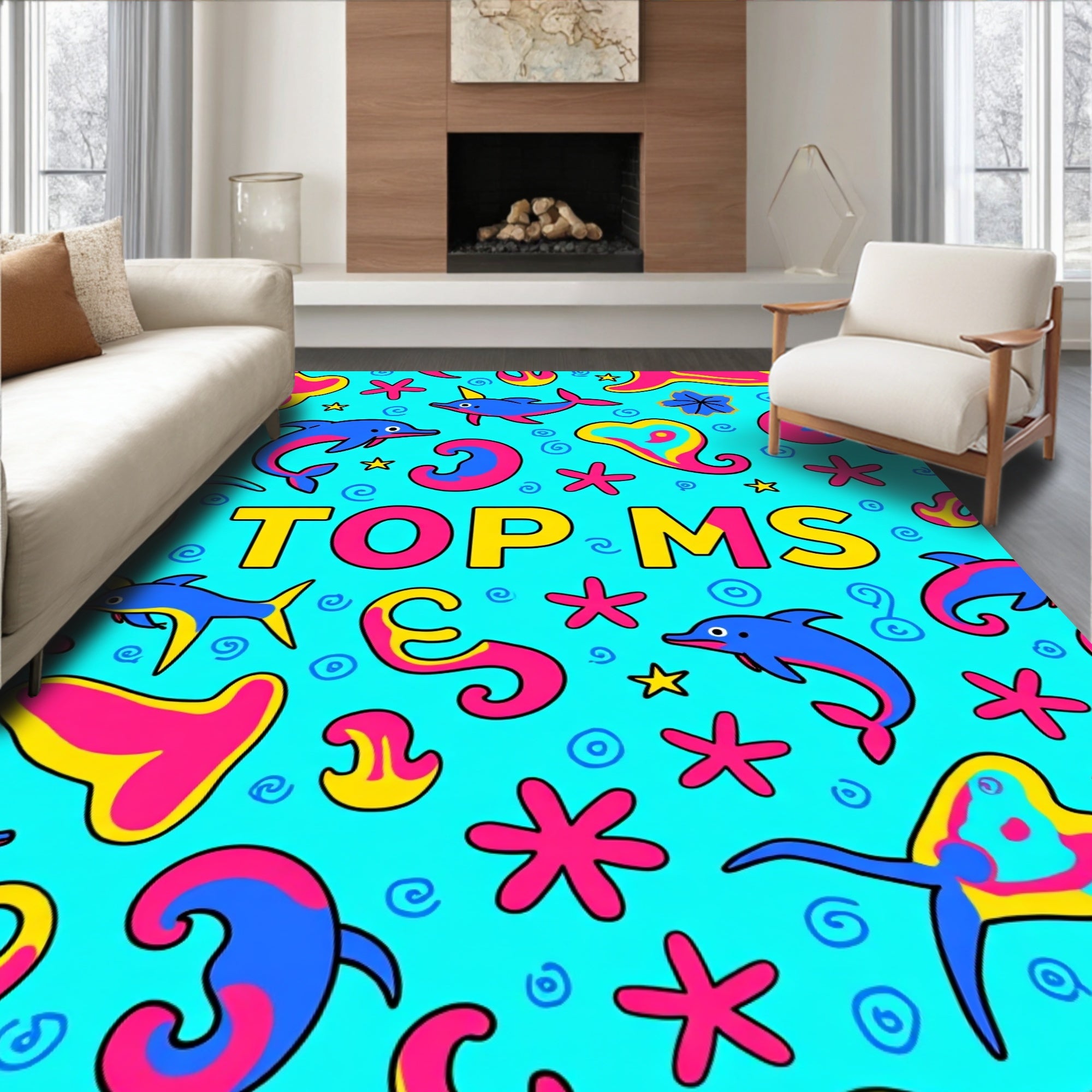 Playful Blue Dolphins Pink Shapes Rug