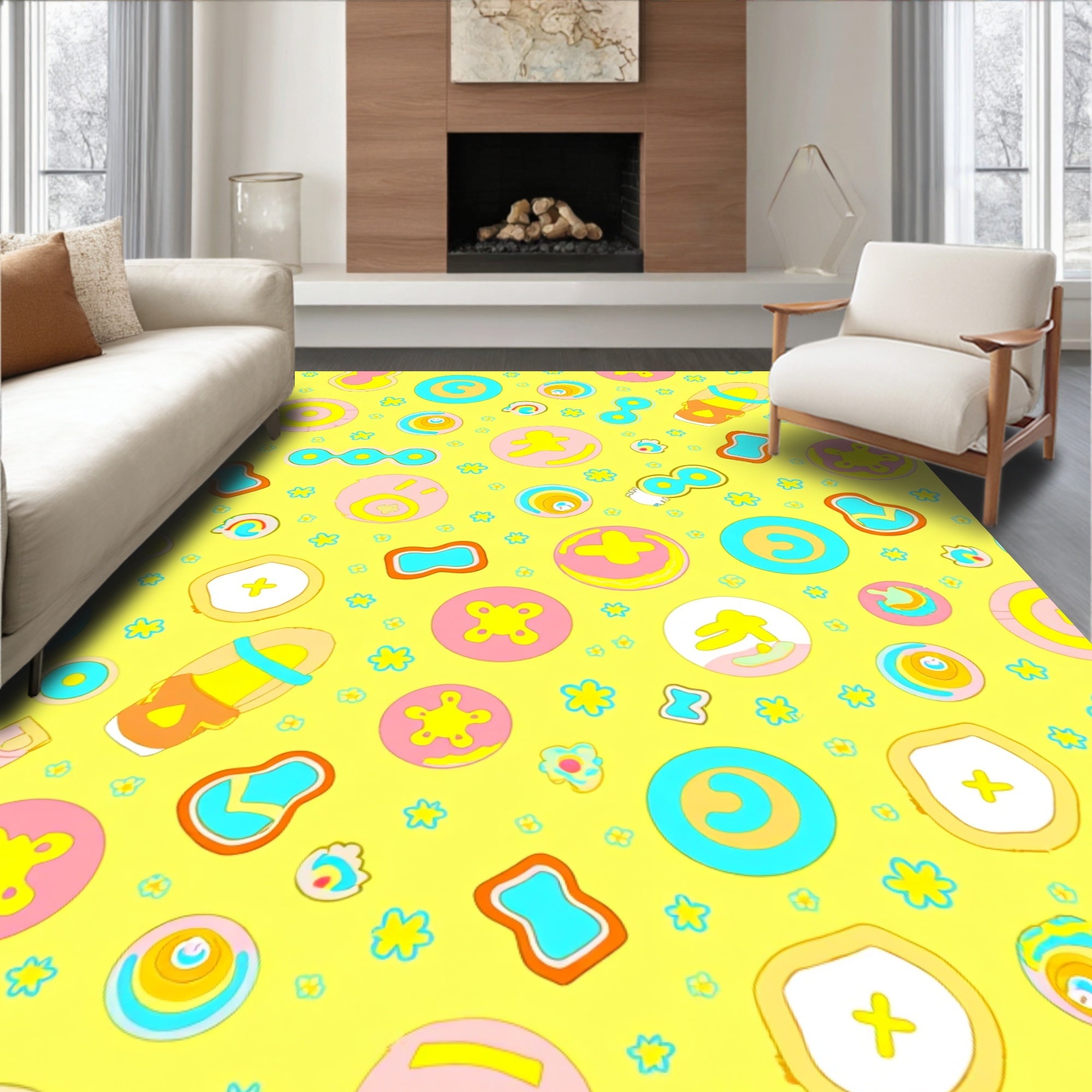 Yellow Pink Blue Abstract Objects Rug
