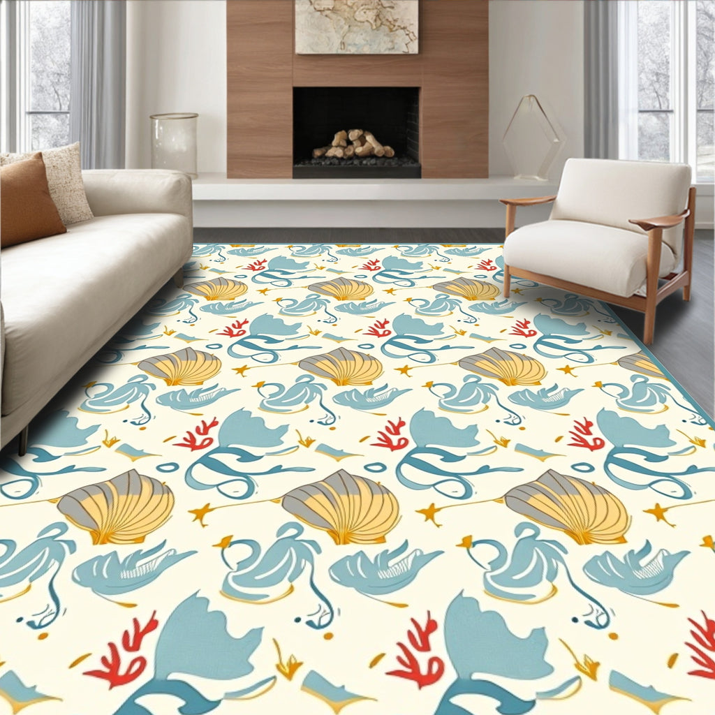 Ocean Blue Seashell Coral Collection Rug