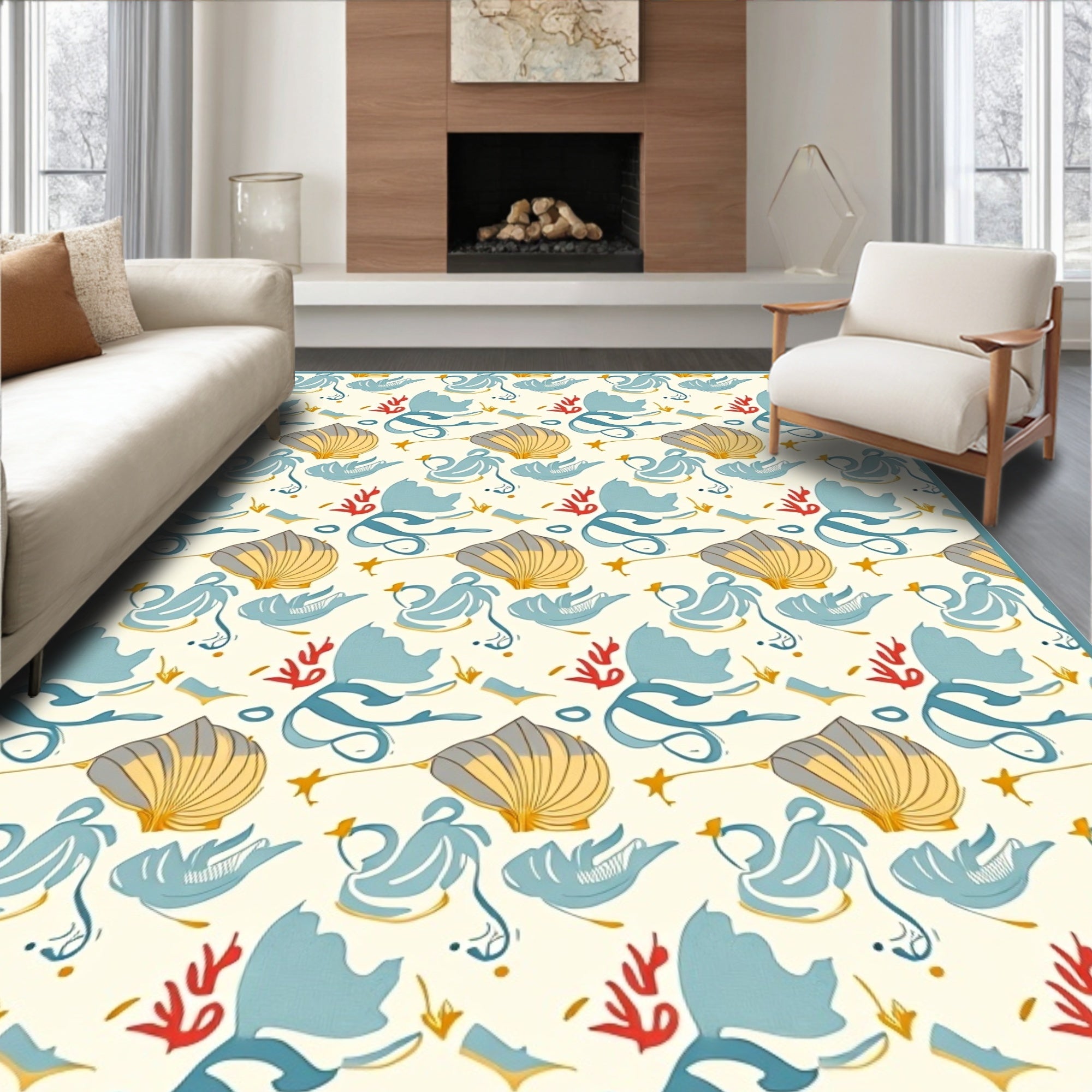 Ocean Blue Seashell Coral Collection Rug