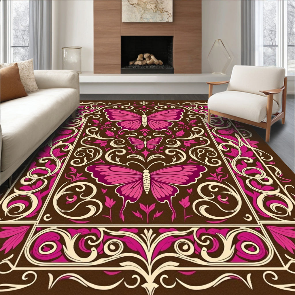 Pink Butterfly Floral Scroll Border Rug