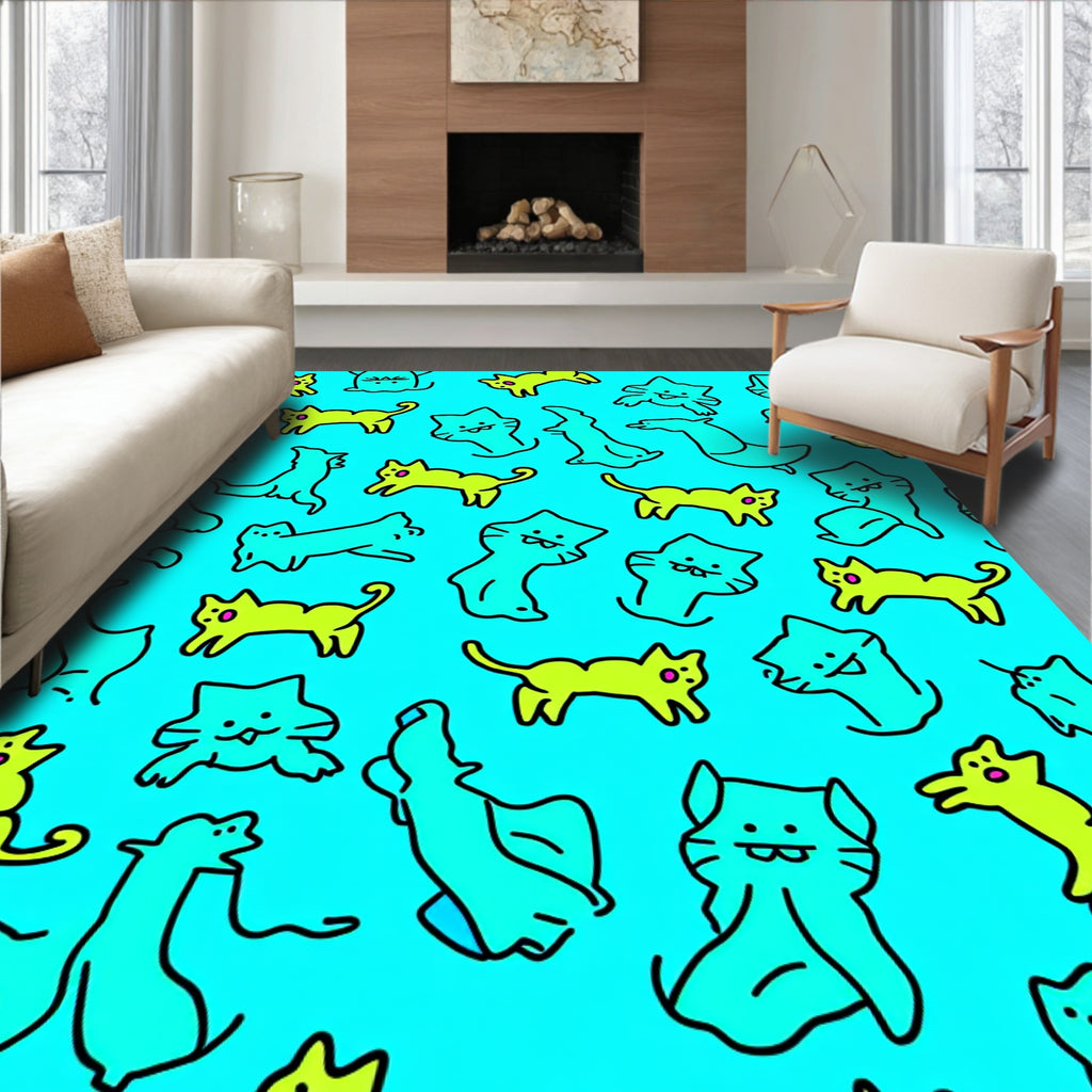 Whimsical Yellow Blue Feline Friends Rug