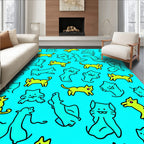 Whimsical Yellow Blue Feline Friends Rug