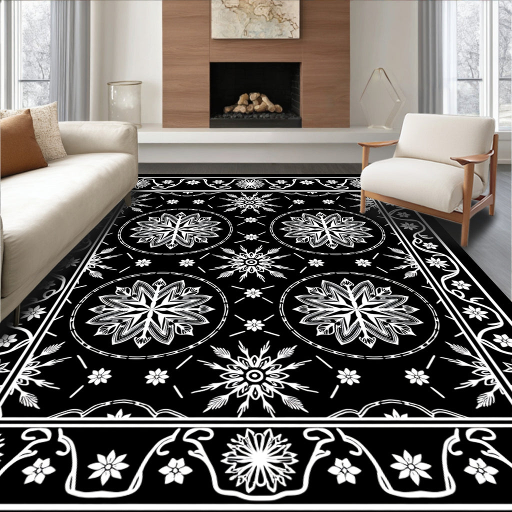 Black White Starburst Central Round Border Rug