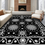 Black White Starburst Central Round Border Rug