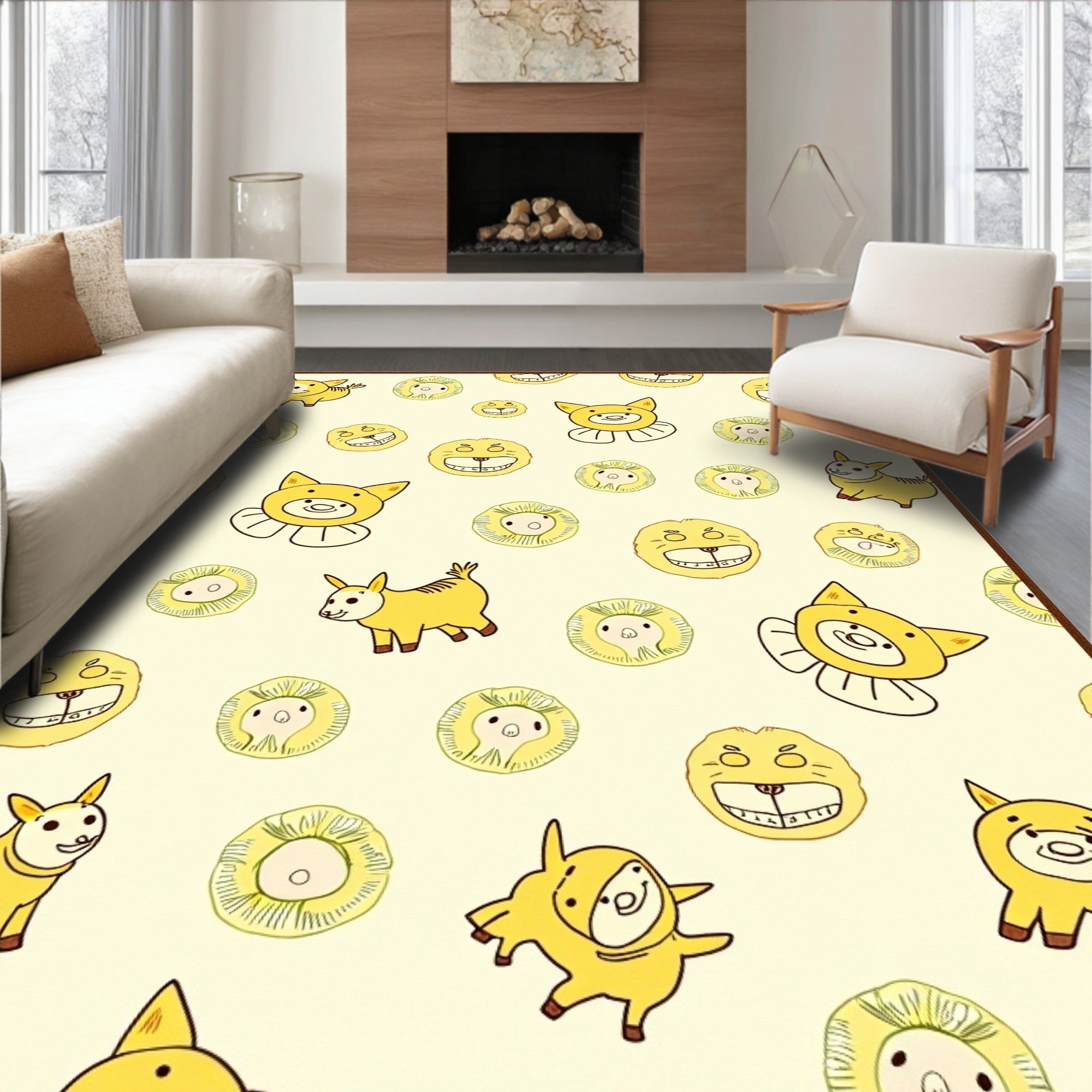 Yellow Cartoon Animal Collage Rug