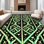 Black Teal Yellow Geometric Lattice Medallion Rug