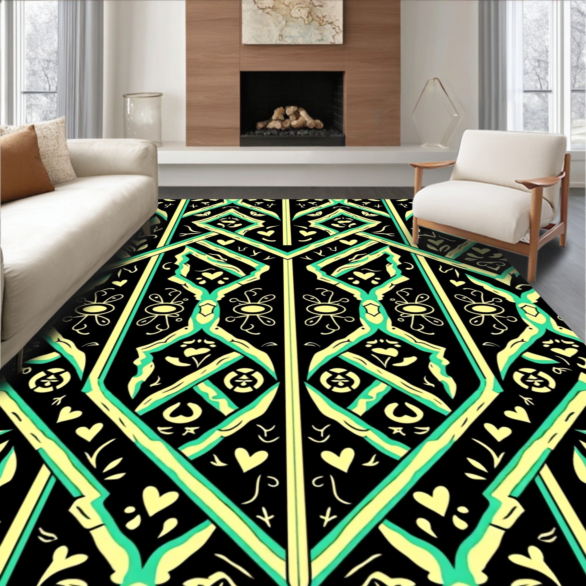 Black Teal Yellow Geometric Lattice Medallion Rug