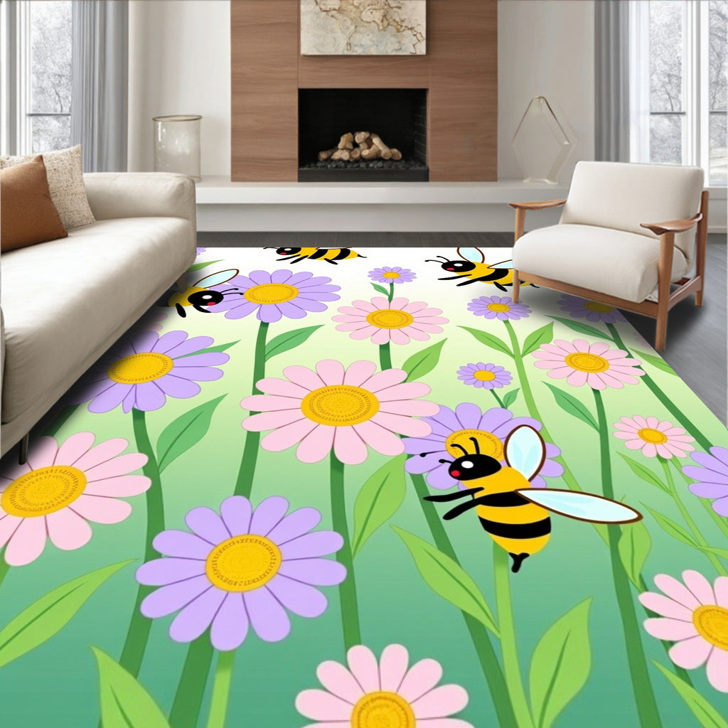 Whimsical Bees Amongst Pastel Daisies Rug
