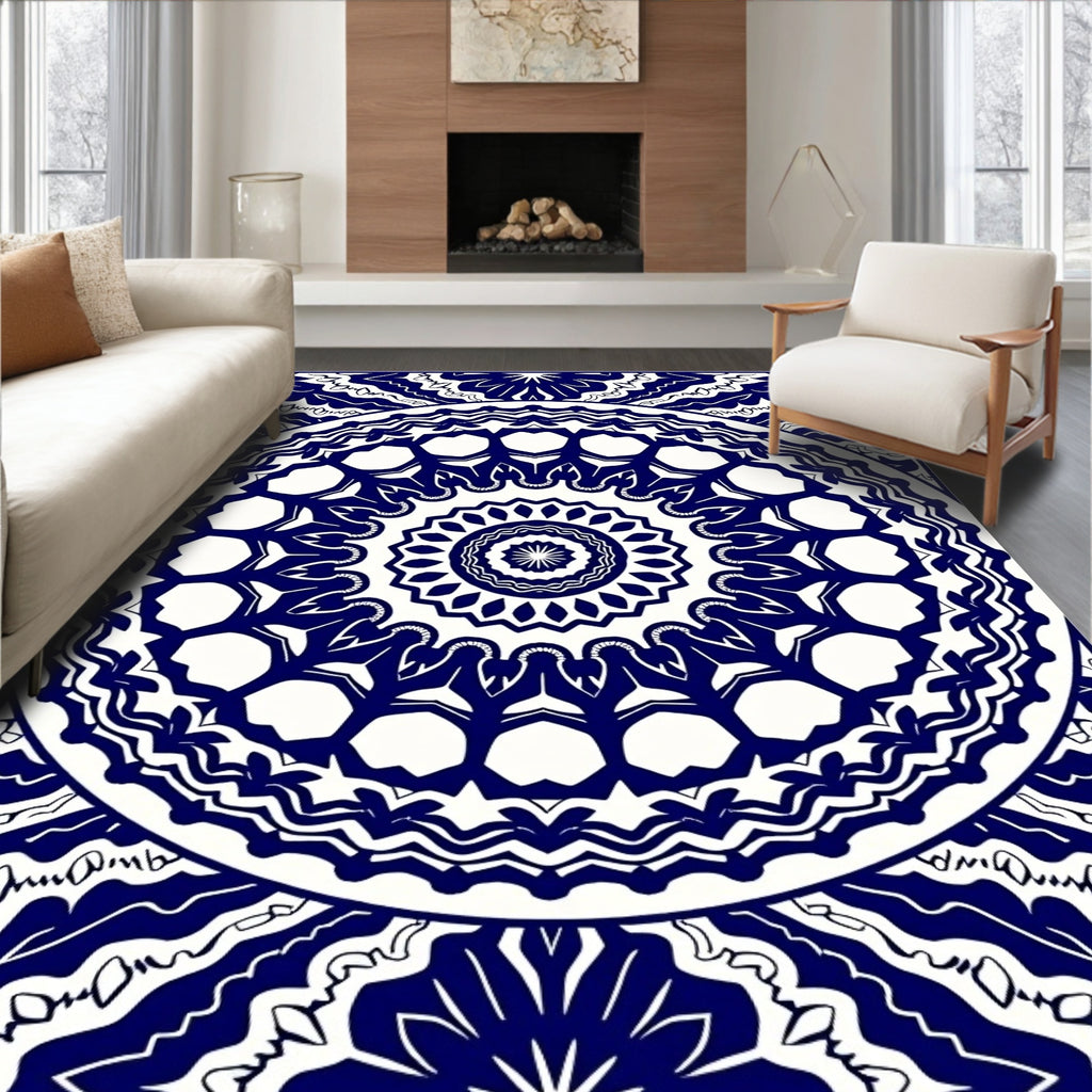 Deep Blue White Mandala Circular Rug