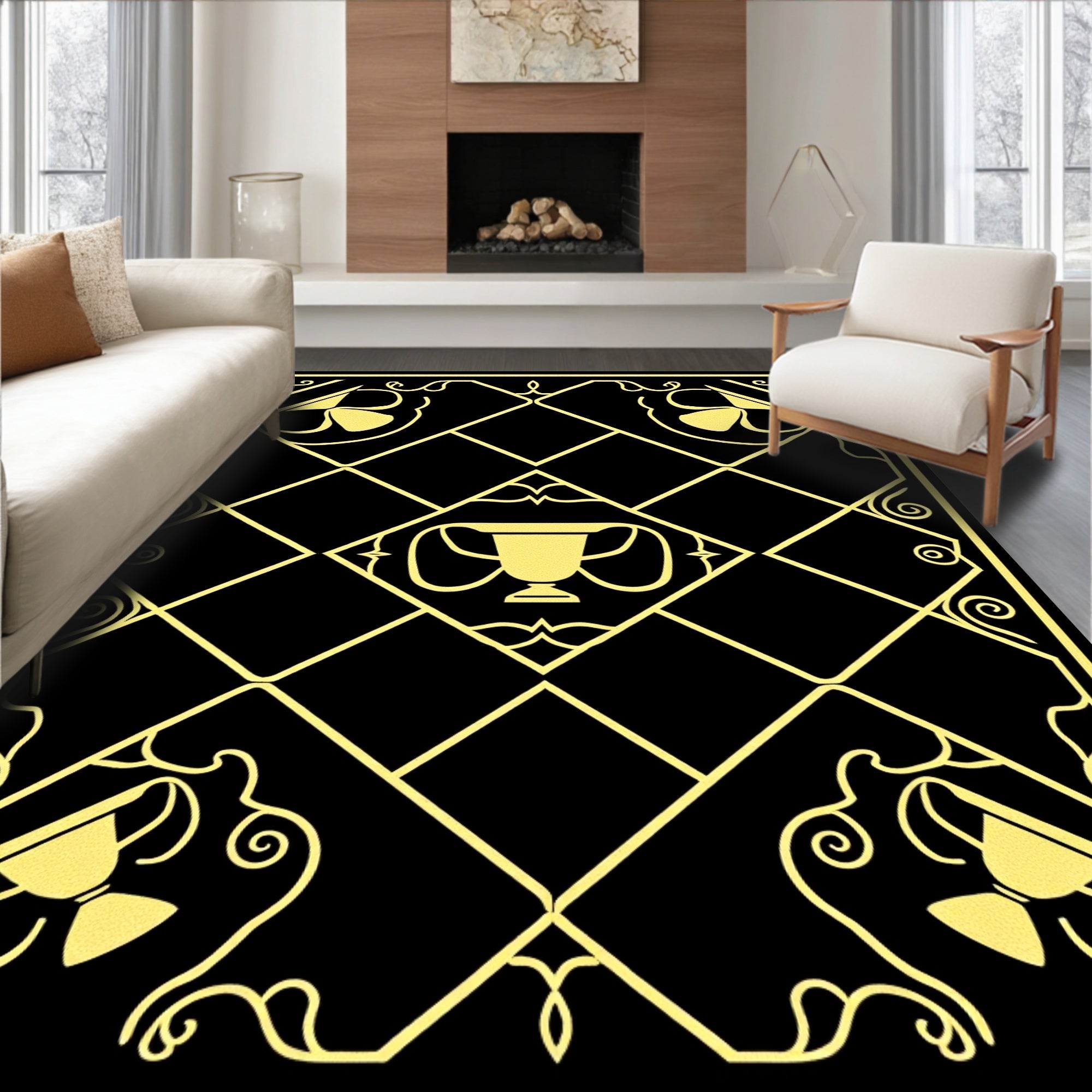 Golden Trophy Geometric Grid Rug