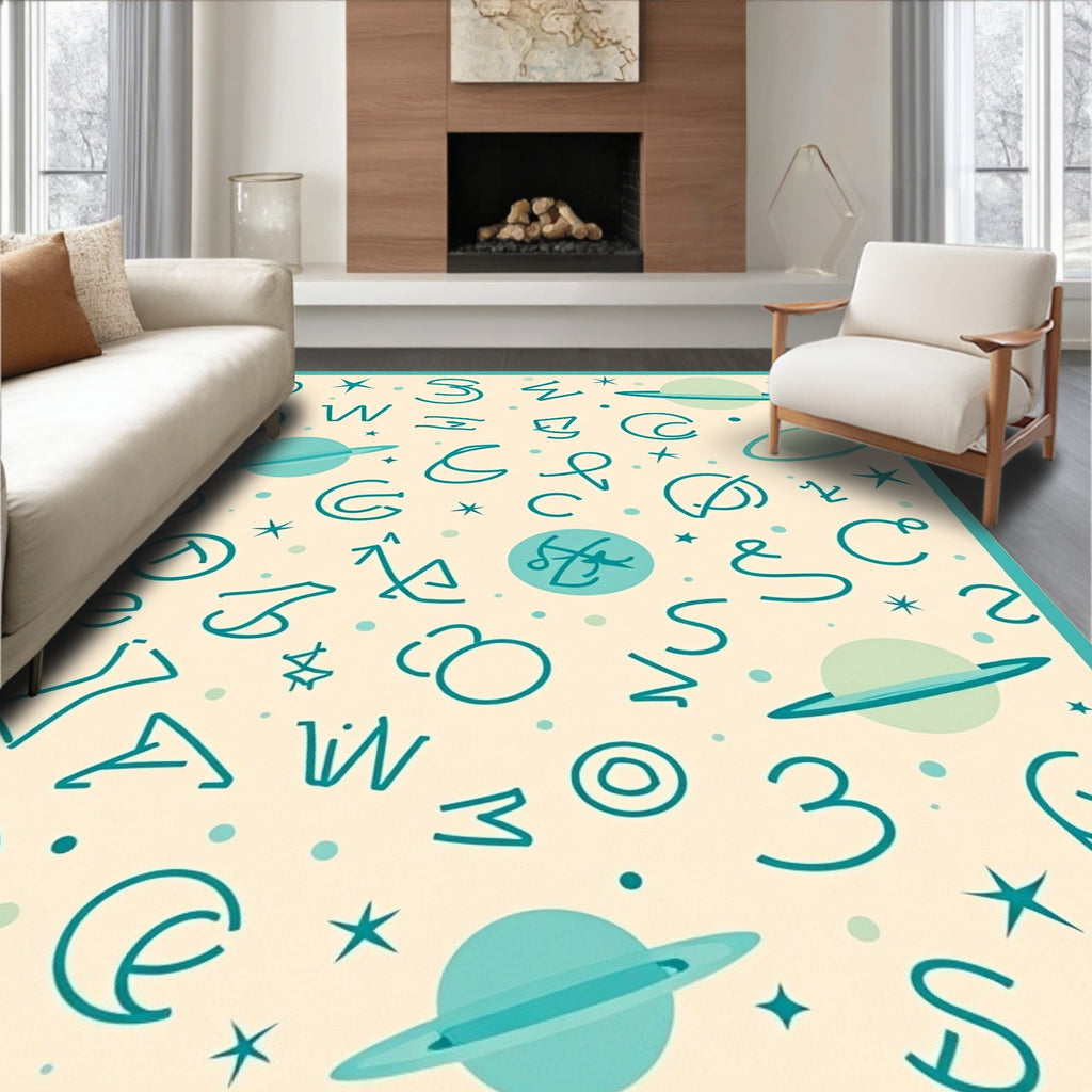 Cosmic Teal Alphabet Planets Rug