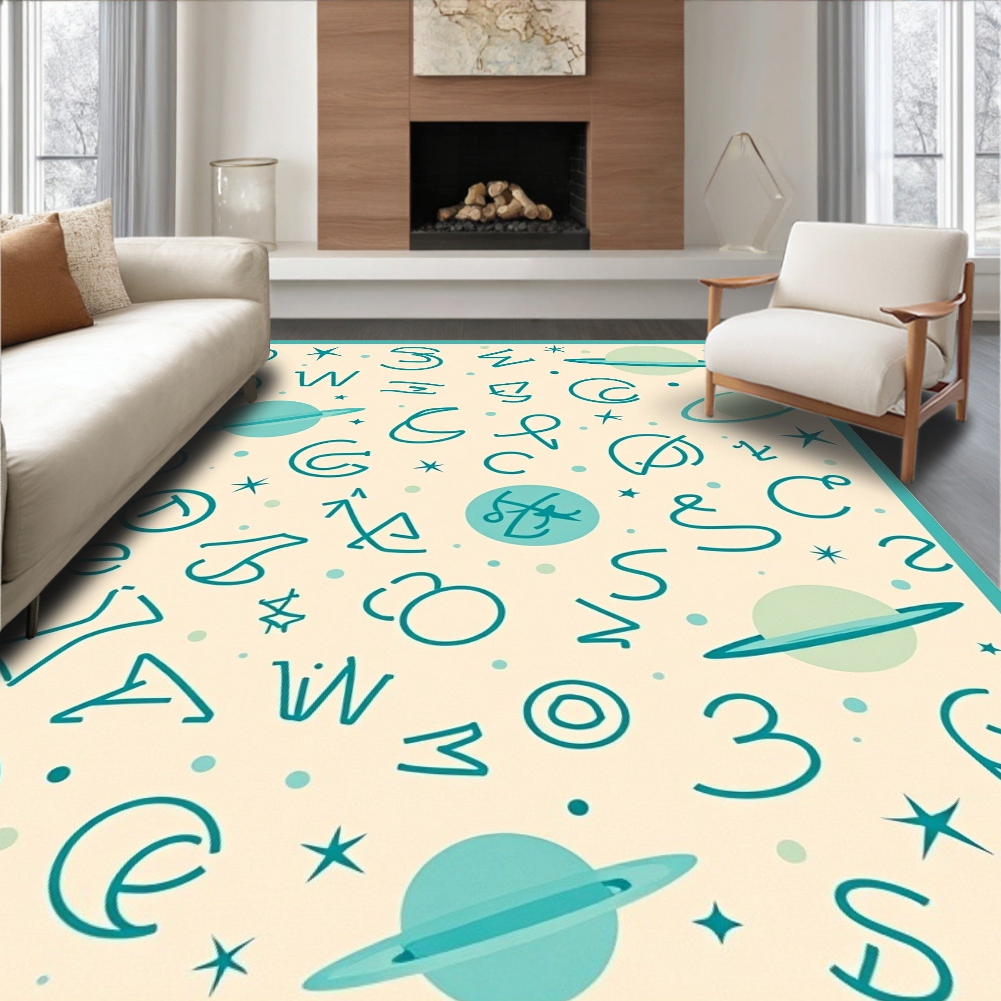 Cosmic Teal Alphabet Planets Rug