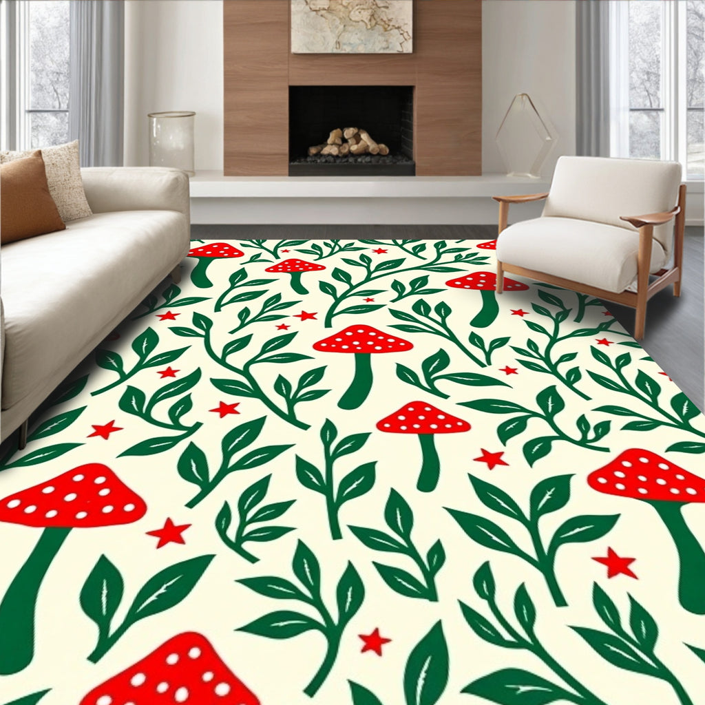 Red Mushroom Green Foliage Stars Rug