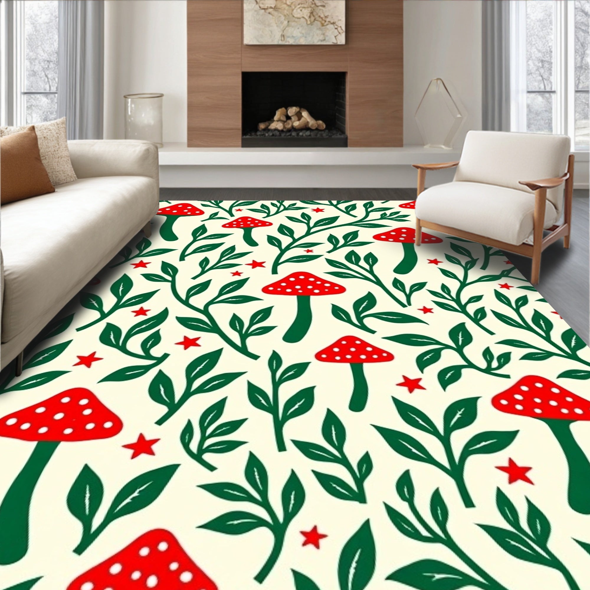 Red Mushroom Green Foliage Stars Rug