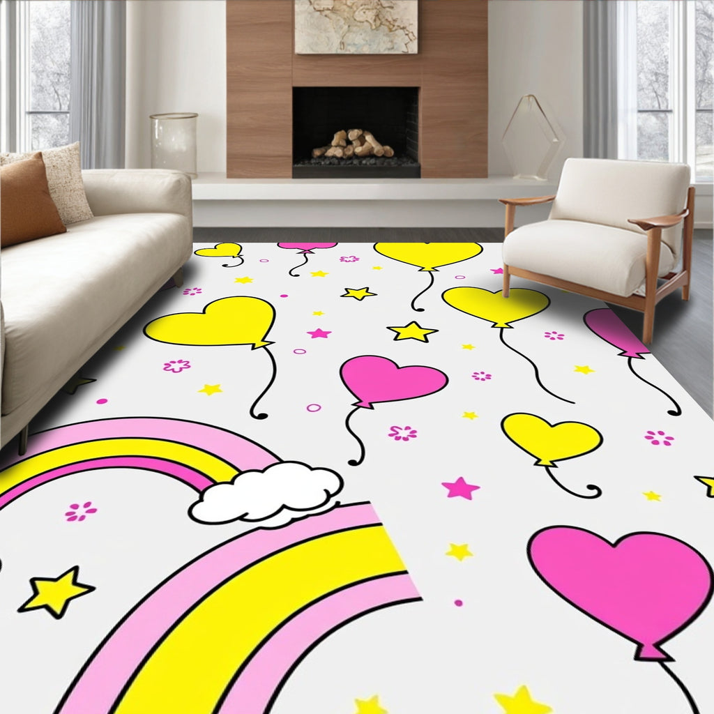 Pink Yellow Heart Balloon Rainbow Stars Rug