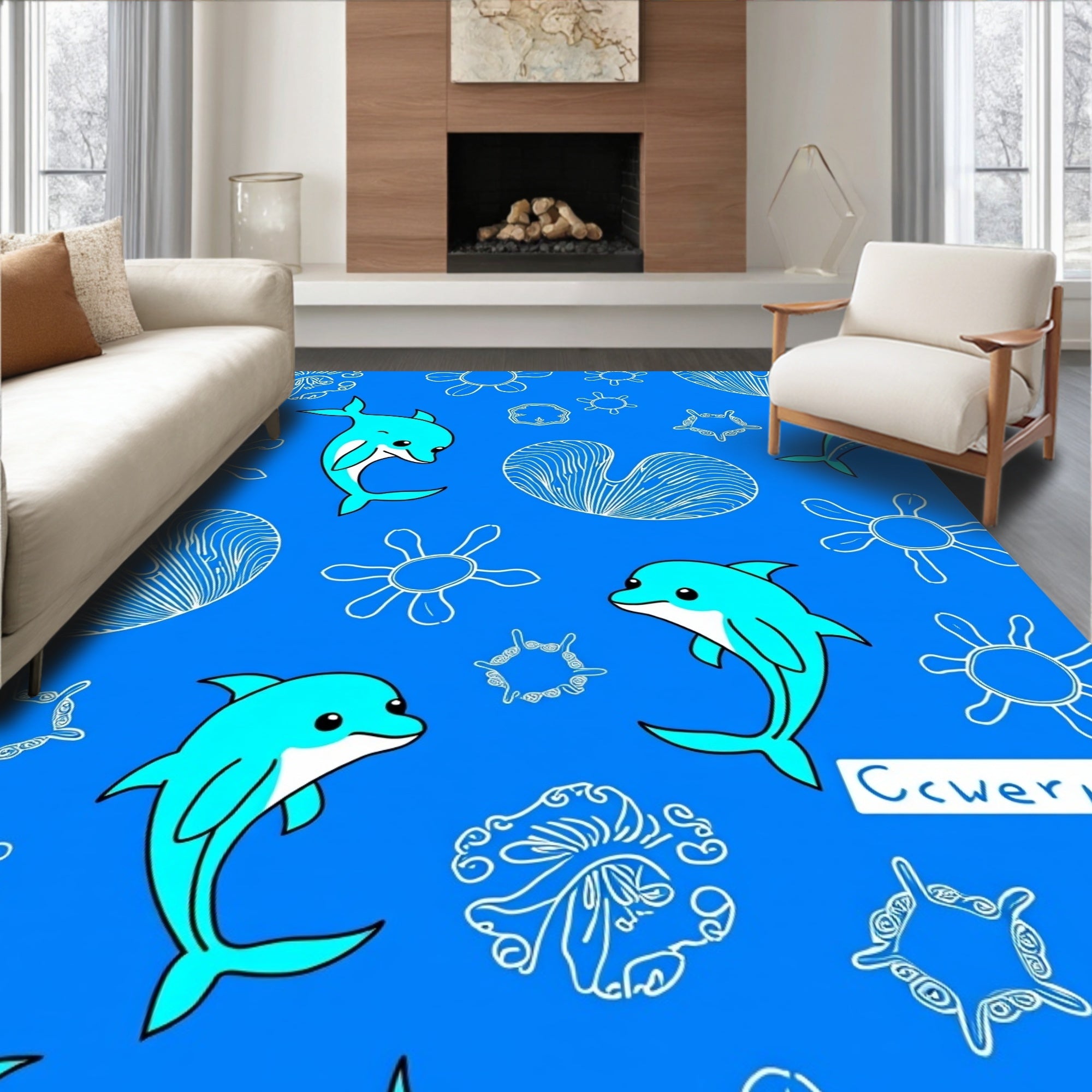 Aqua Dolphins Amidst Ocean Flora Rug