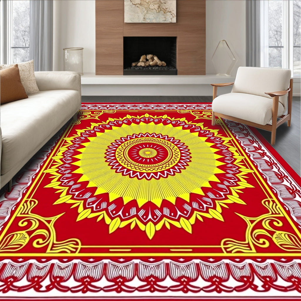 Vibrant Sunburst Red Yellow Medallion Rug