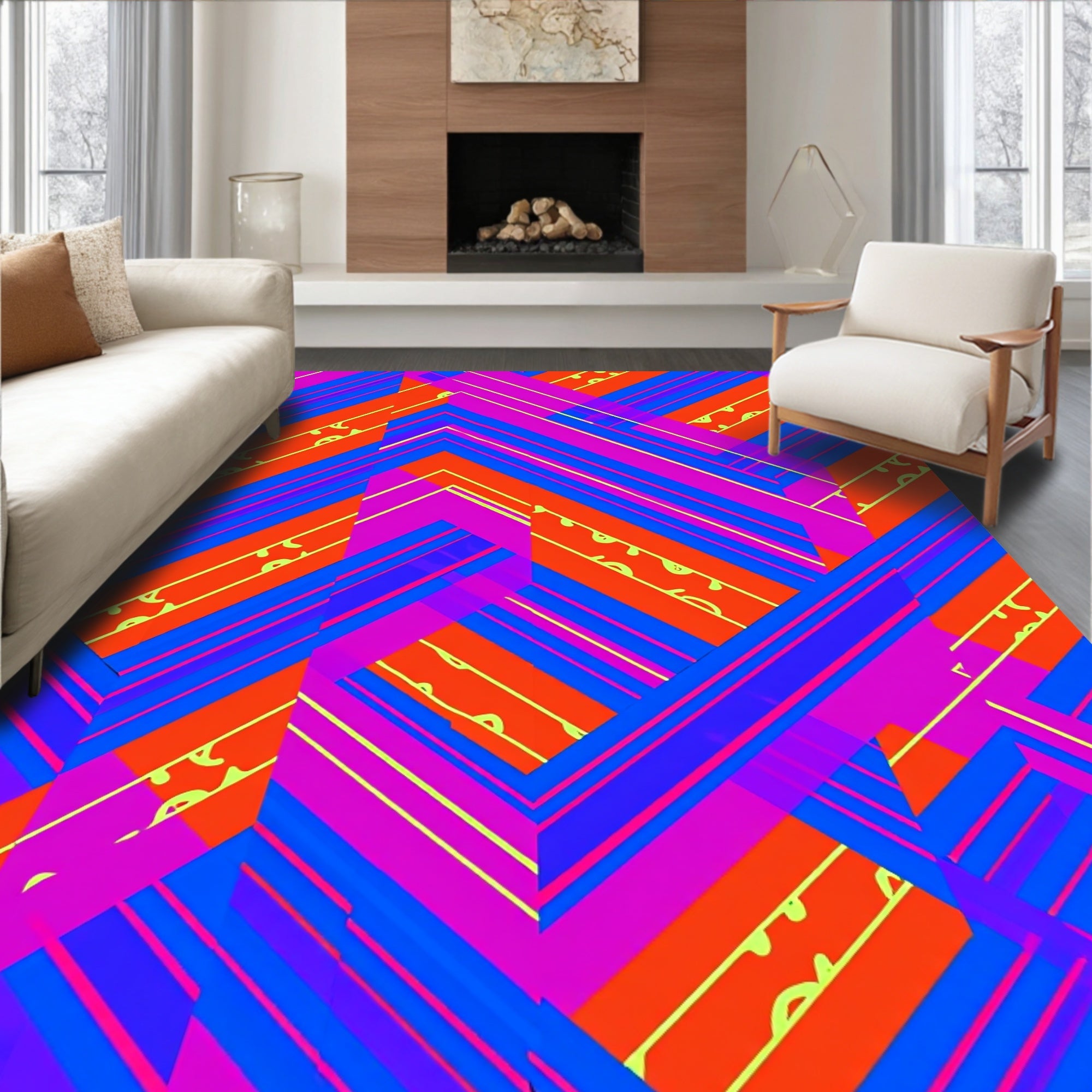 Vibrant Orange Blue Pink Geometric Stripes Rug