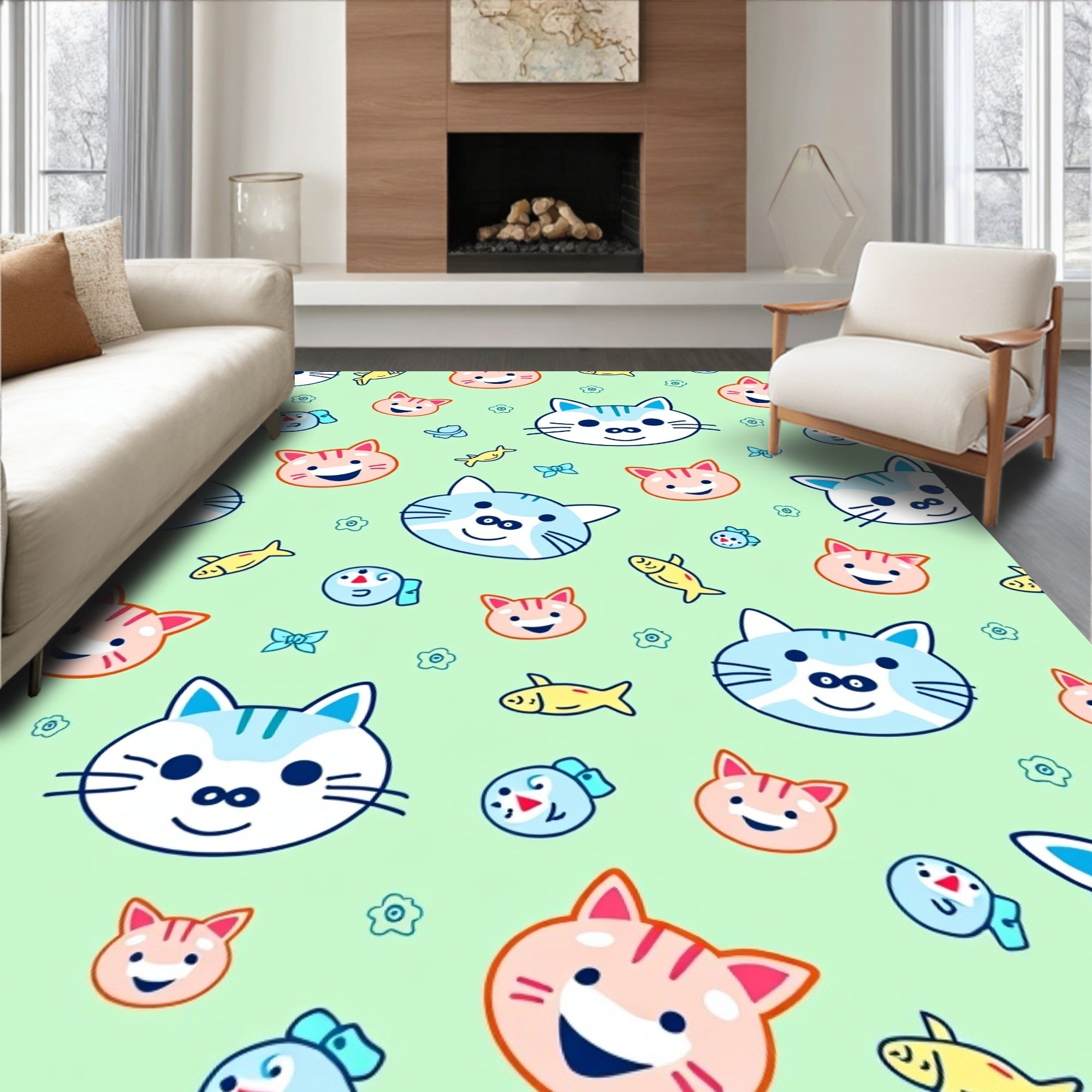 Cute Cat and Fish Friends Rug