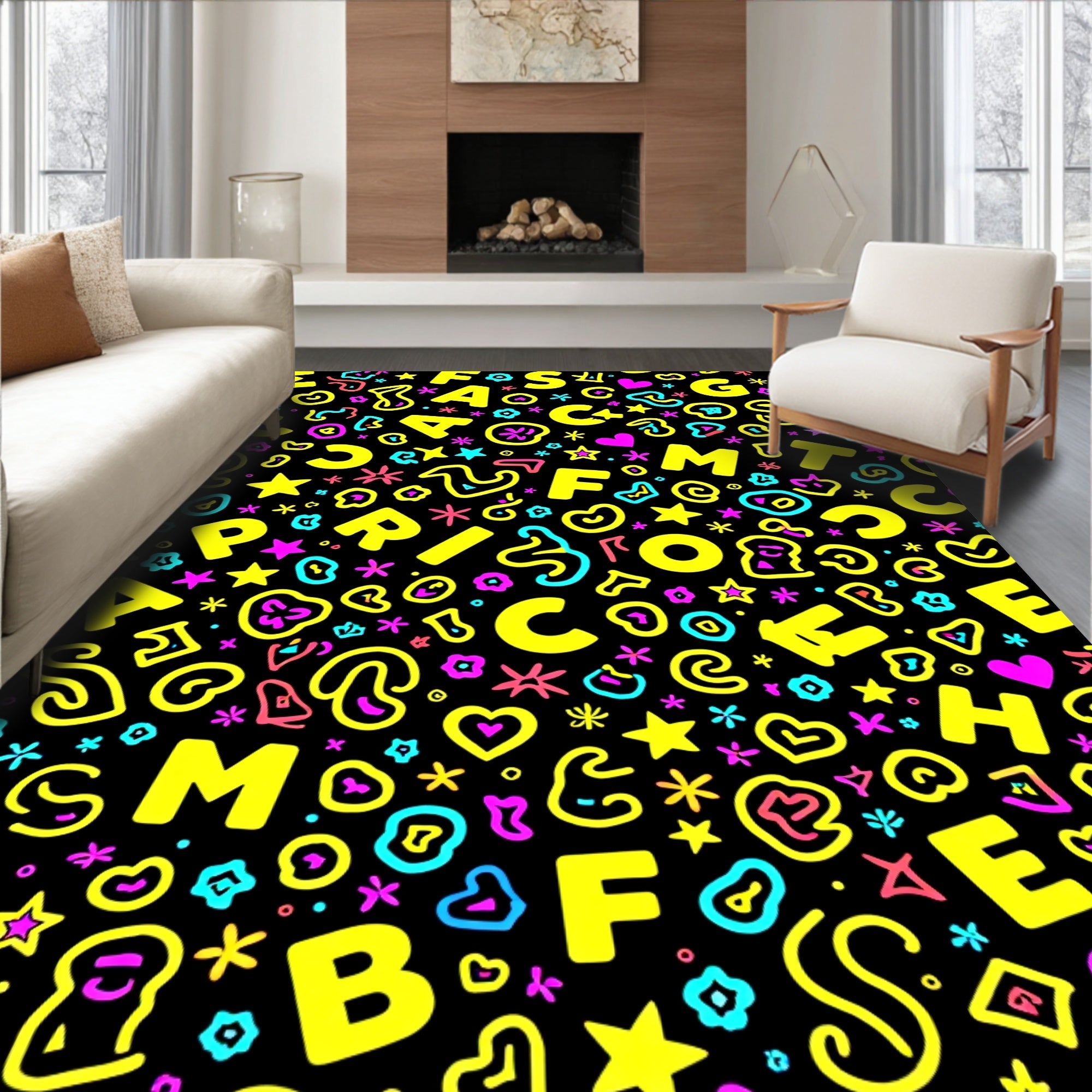 Retro Alphabet Hearts Stars Collage Design Rug