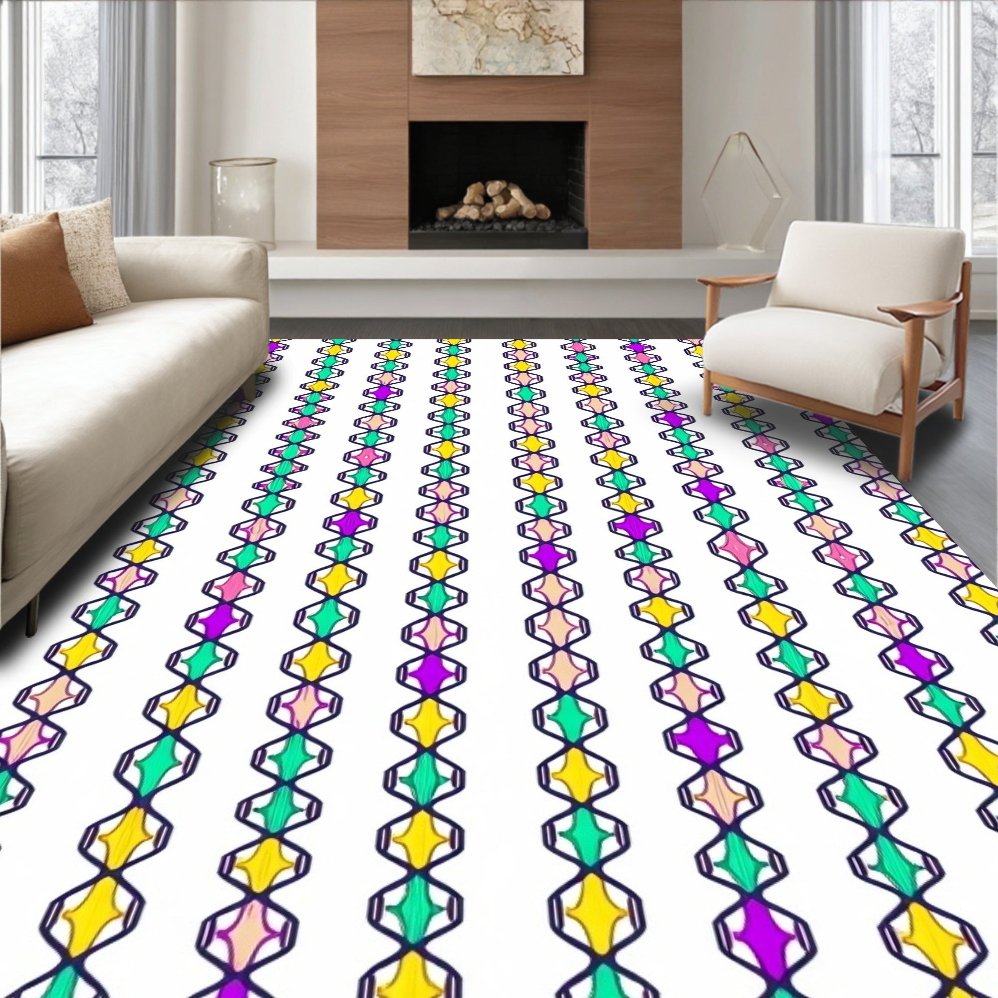 Vibrant Geometric Diamond Chain Rug