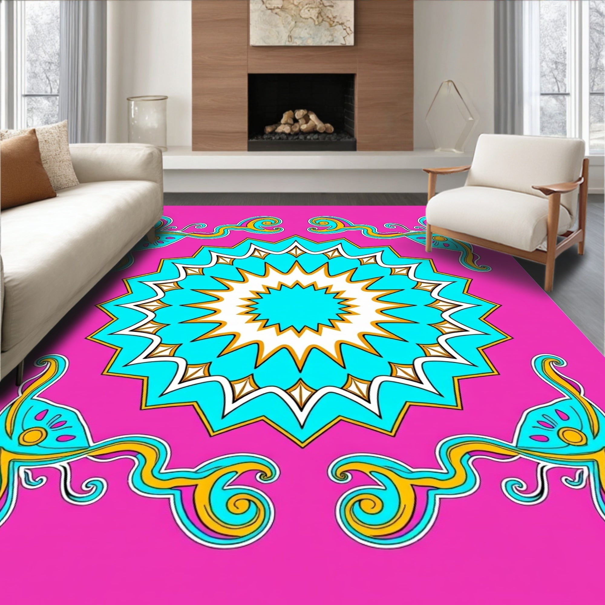 Vibrant Teal Sunburst Swirl Rug