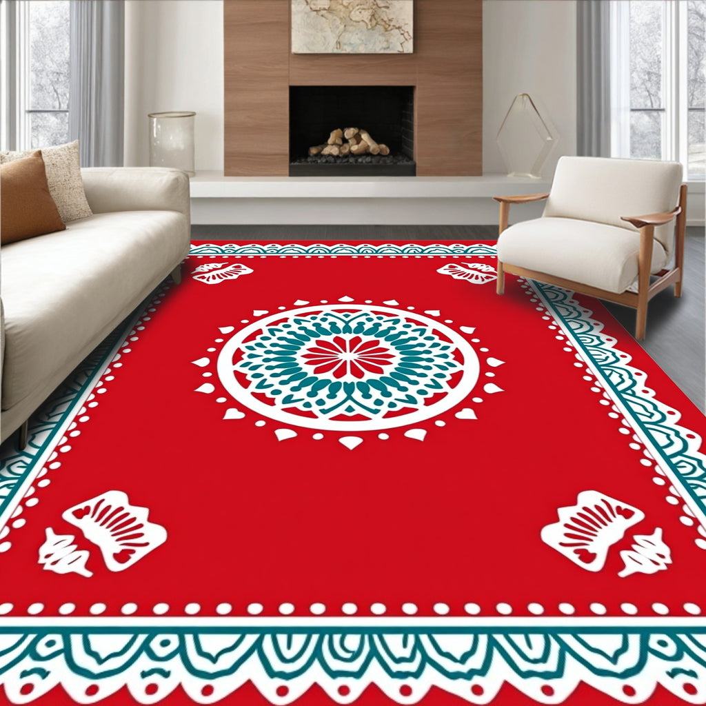Crimson Teal Medallion Fan Border Rug