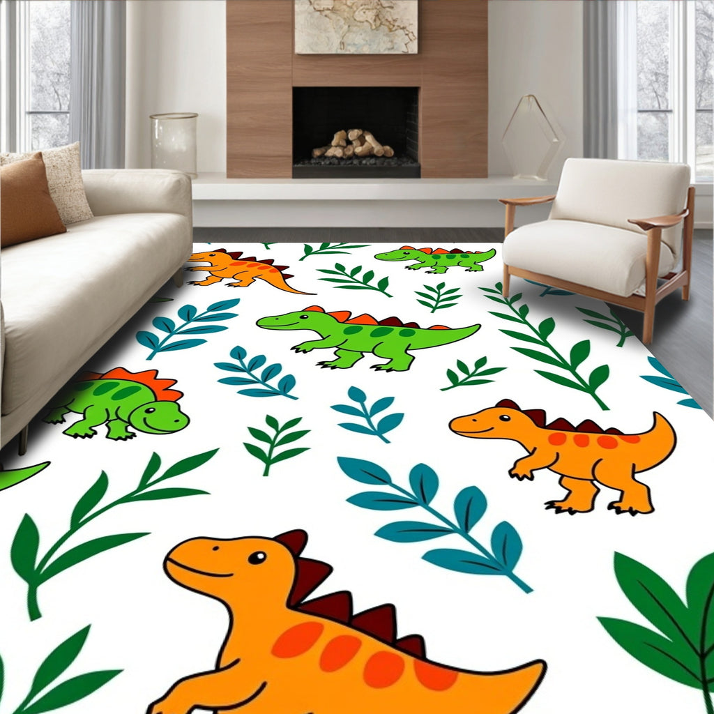 Cute Orange Green Dinosaur Foliage Rug