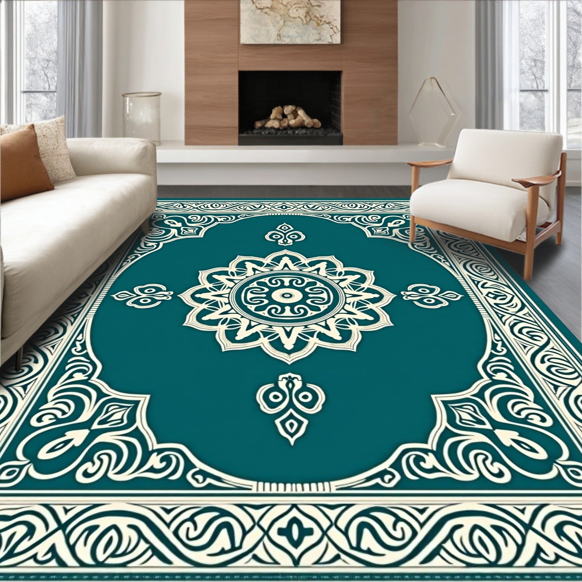 Teal Cream Elaborate Medallion Border Rug