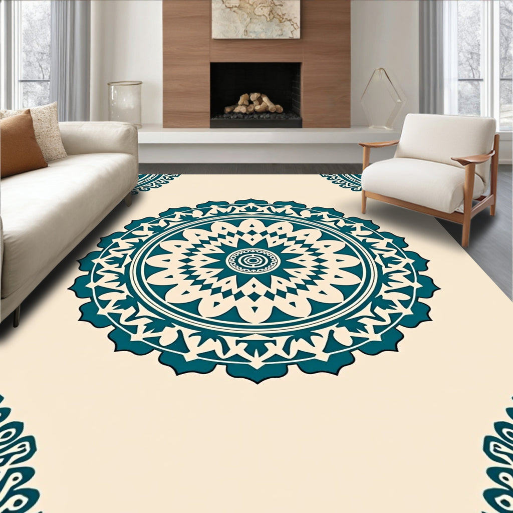 Teal Mandala Inspired Circular Ornament Rug
