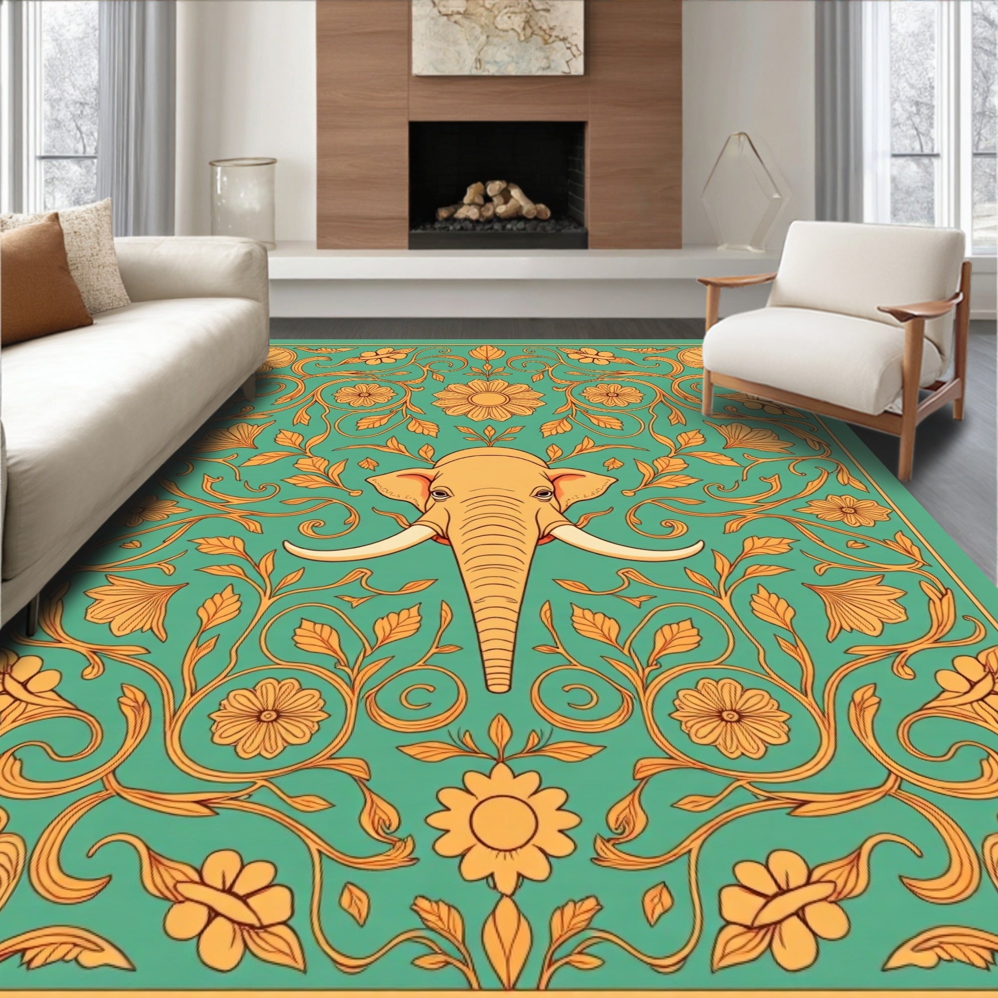 Golden Elephant Floral Medallion Rug