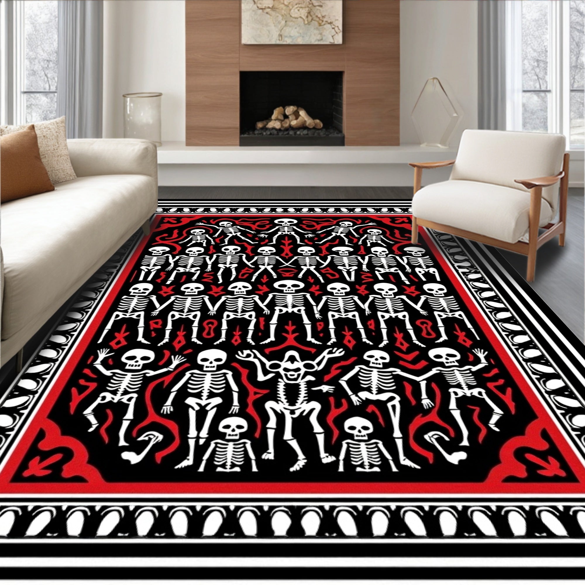 Skeleton Brigade Red Black Bone Rug