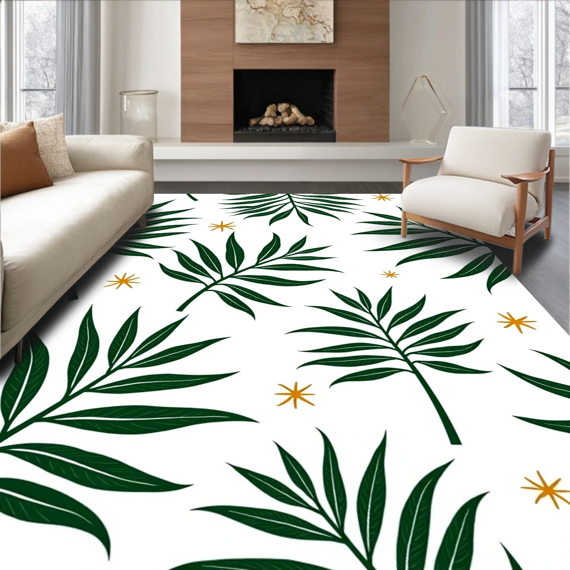 Emerald Green Tropical Leaf Accents Rug