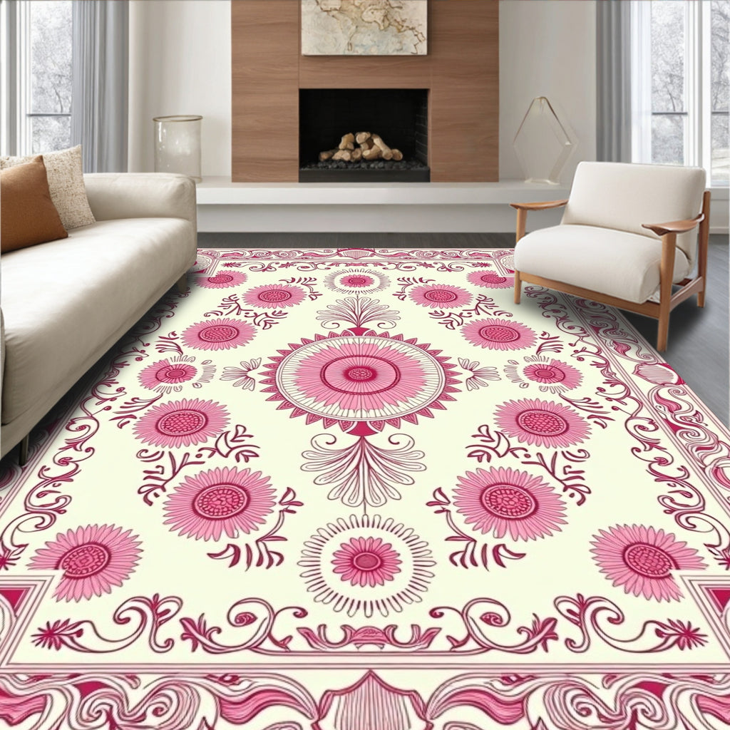 Ornate Pink Floral Border Medallion Rug