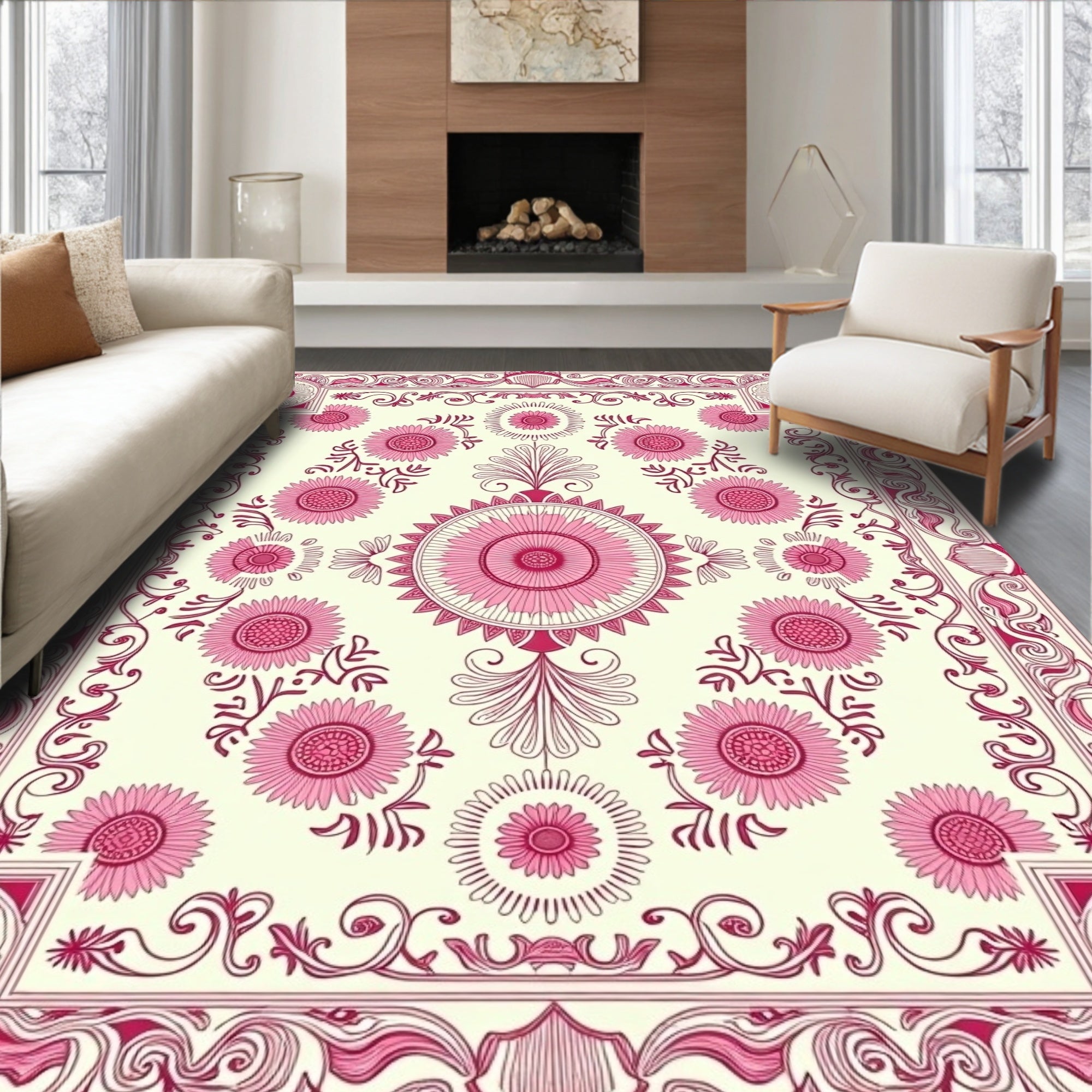 Ornate Pink Floral Border Medallion Rug