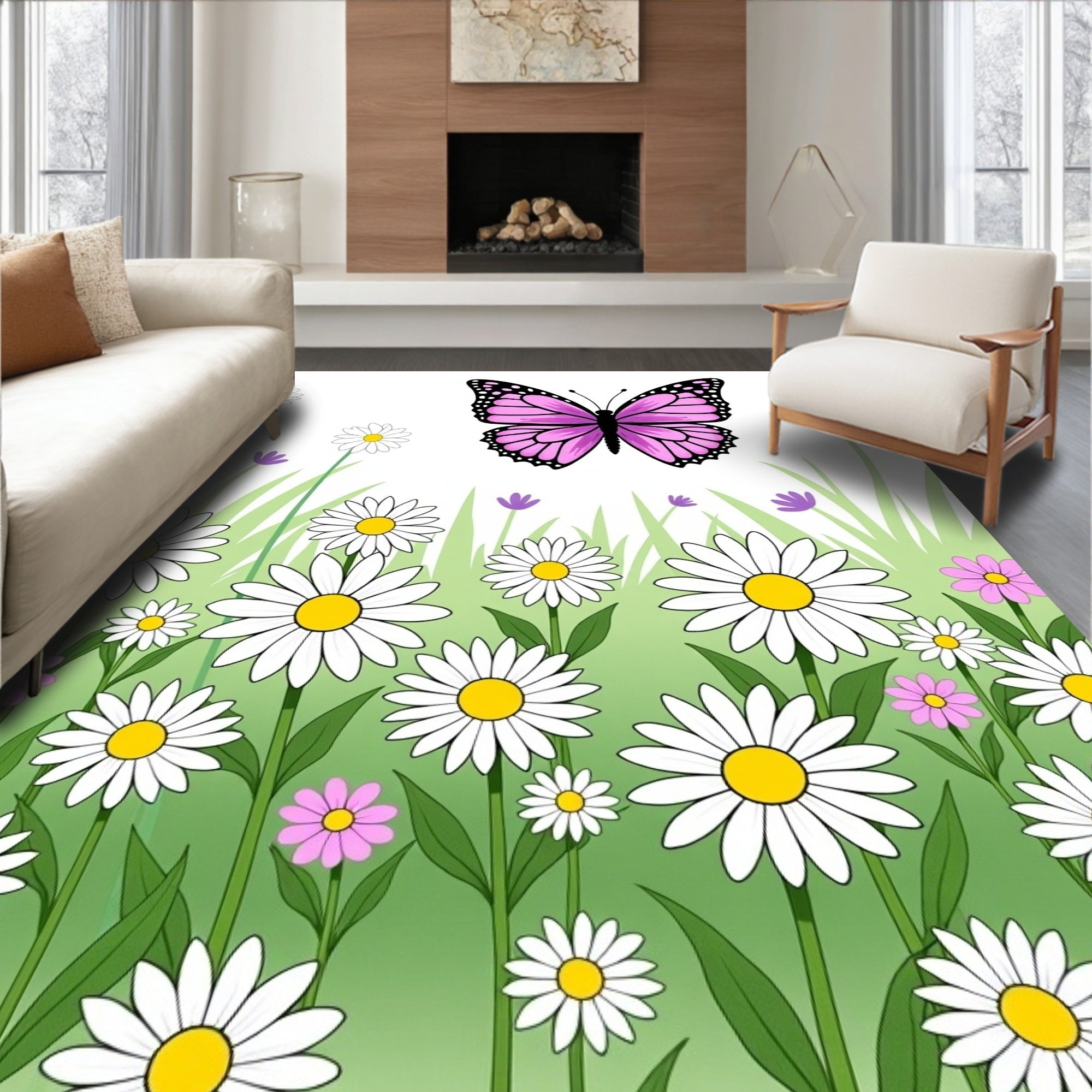 Pink Butterfly Daisy Meadow Grass Rug