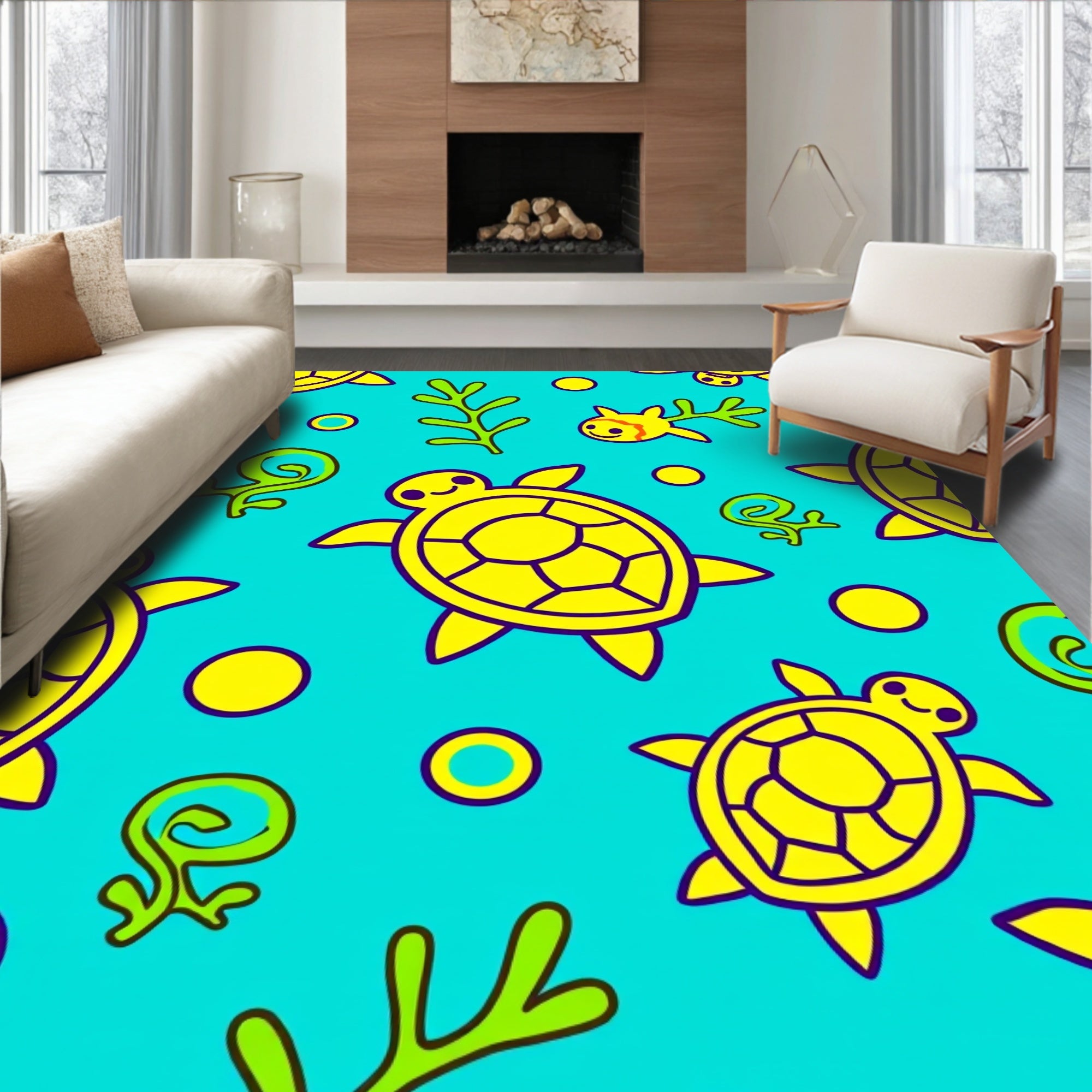 Whimsical Yellow Turtle Aquatic Scene Rug