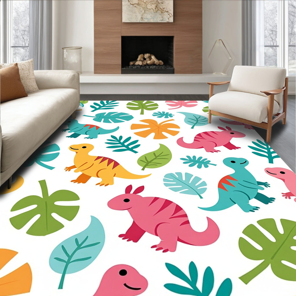 Whimsical Dinosaur Jungle Leaves Rug